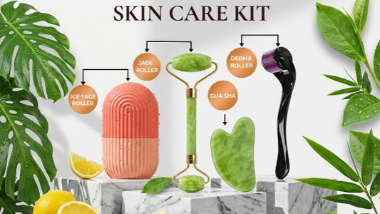 4-in-1 Facial Skin Care Kit – Jade Roller, Gua Sha, Ice Face Roller & Derma Roller