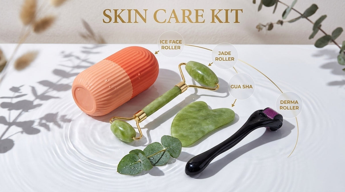 4-in-1 Facial Skin Care Kit – Jade Roller, Gua Sha, Ice Face Roller & Derma Roller